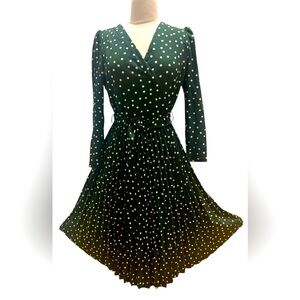 LARK + GREY pleated dress Green & White polkadot